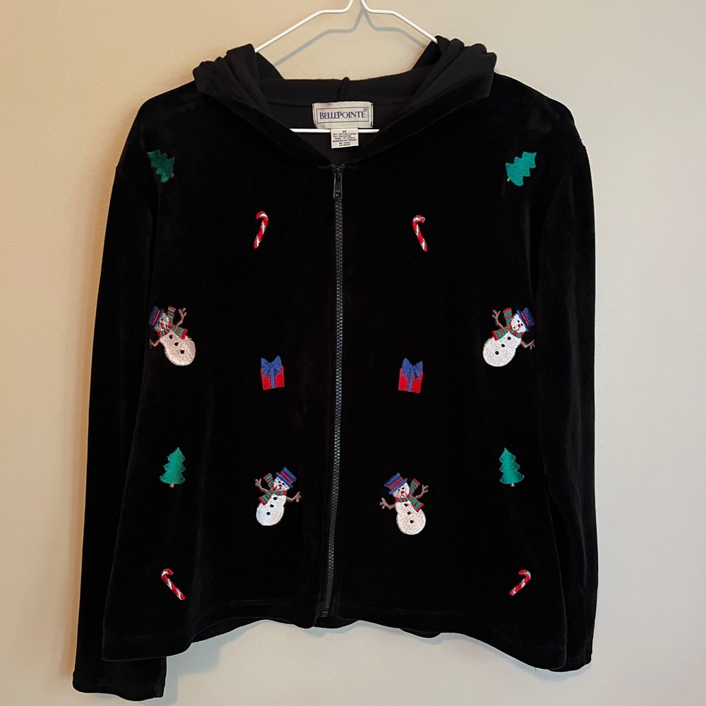 Women Black Velour Christmas Snowman Full Zip Hoodie Jacket M Embroidered